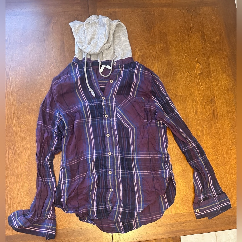 Mudd Purple Plaid Button Down Shirt with Gray Hood